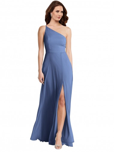 Windsor Blau A-Linien Eine-Schulter Chiffon Lange Formale Brautjungfernkleider / Abendkleider Fabrik