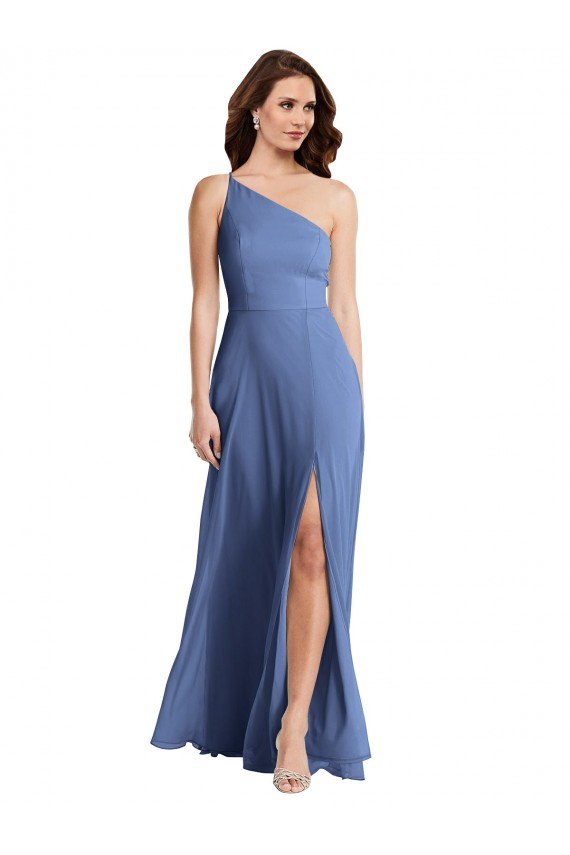 Windsor Blau A-Linien Eine-Schulter Chiffon Lange Formale Brautjungfernkleider / Abendkleider Fabrik