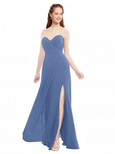 Windsor Blau A-Linien Trägerlos Chiffon Lange Brautjungfernkleider Fabrik